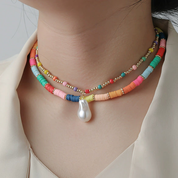 Wholesale Beaded Clavicle Chain And Pendant Necklace Soft Pottery Bohemian Geometric Handmade Style For Women