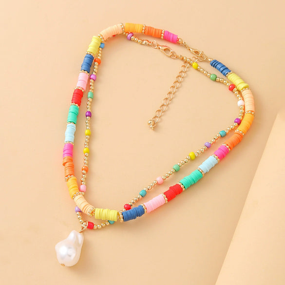 Wholesale Beaded Clavicle Chain And Pendant Necklace Soft Pottery Bohemian Geometric Handmade Style For Women