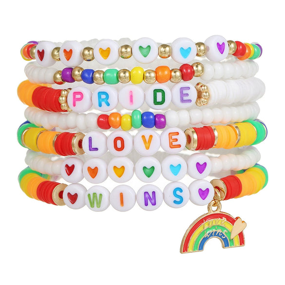 Wholesale Beaded Elastic Soft Ceramic Bracelet With Rainbow Love Pendant Geometric Handmade Polymer Clay Acrylic Glass Beads Unisex Boyfriend Style