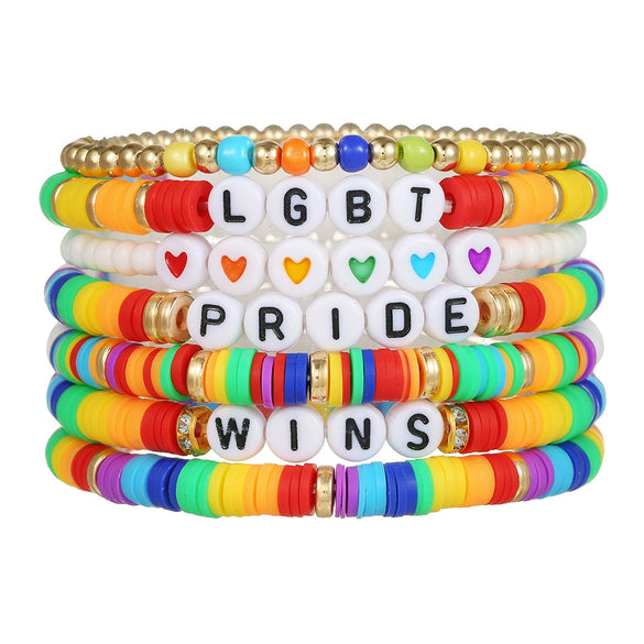 Wholesale Beaded Elastic Soft Ceramic Bracelet With Rainbow Love Pendant Geometric Handmade Polymer Clay Acrylic Glass Beads Unisex Boyfriend Style