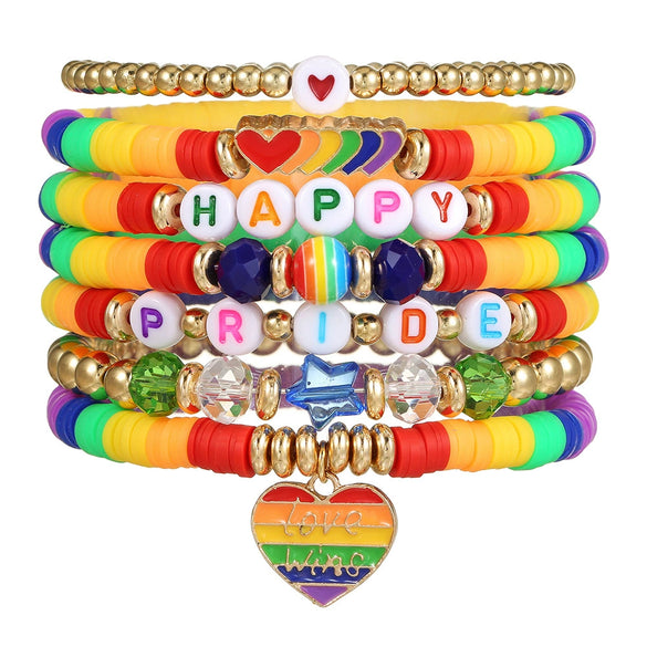 Wholesale Beaded Elastic Soft Ceramic Bracelet With Rainbow Love Pendant Geometric Handmade Polymer Clay Acrylic Glass Beads Unisex Boyfriend Style