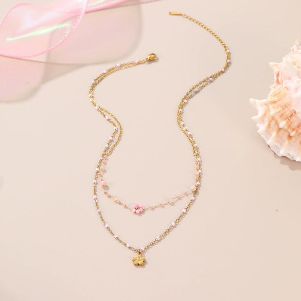 Wholesale Beaded Flower Stacked Stainless Steel 18K Gold Plated Geometric Style Necklace For Women