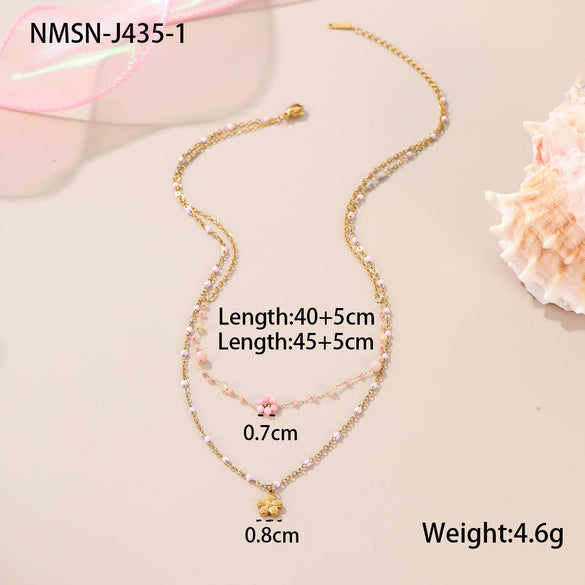 Wholesale Beaded Flower Stacked Stainless Steel 18K Gold Plated Geometric Style Necklace For Women