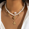 Wholesale Beaded Imitation Pearl Necklace With Starfish Shell Retro Style And Electroplating Processing
