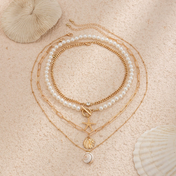 Wholesale Beaded Imitation Pearl Necklace With Starfish Shell Retro Style And Electroplating Processing