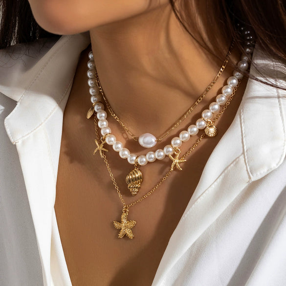 Wholesale Beaded Imitation Pearl Necklace With Starfish Shell Retro Style And Electroplating Processing