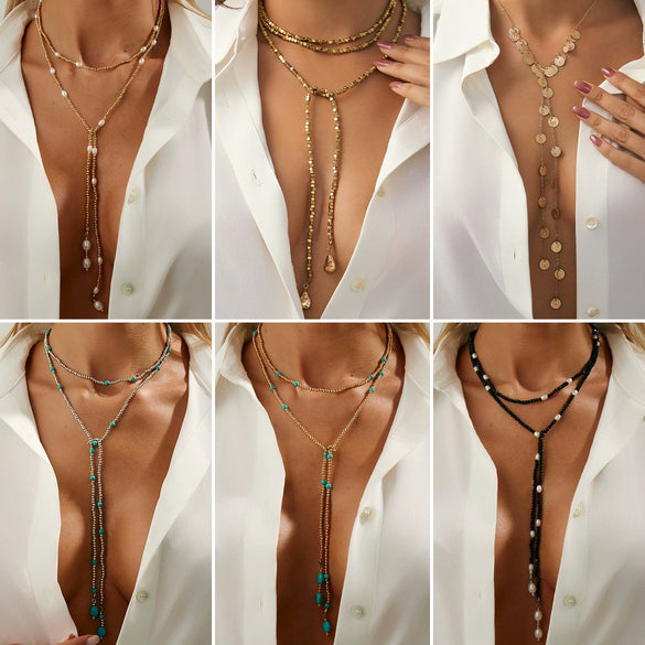 Wholesale Beaded Long Necklace With Metal Disc Tassel Cbb Material Geometric Pattern Electroplated For Women