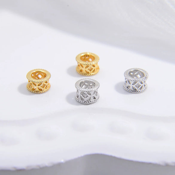 Wholesale Beaded Material S925 Sterling Silver Hollow Barrel And Wheel Beads With Coin Pattern Electroplated