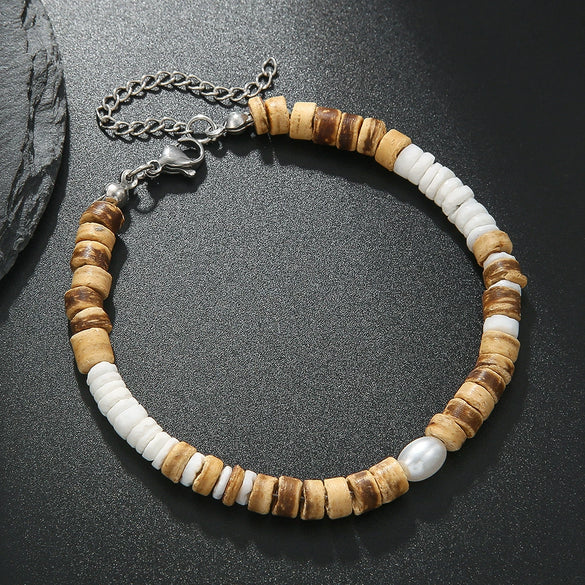 Wholesale Beaded Necklace Coconut Shell Wood Stainless Steel Pearl Handmade Geometric Style For Men