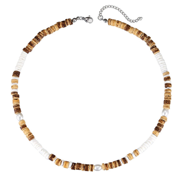 Wholesale Beaded Necklace Coconut Shell Wood Stainless Steel Pearl Handmade Geometric Style For Men
