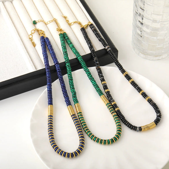 Wholesale Beaded Necklace Natural Stone Lapis Frisbee Shape Retro Handmade Women's