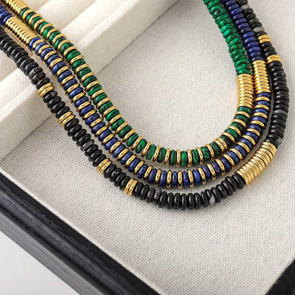Wholesale Beaded Necklace Natural Stone Lapis Frisbee Shape Retro Handmade Women's