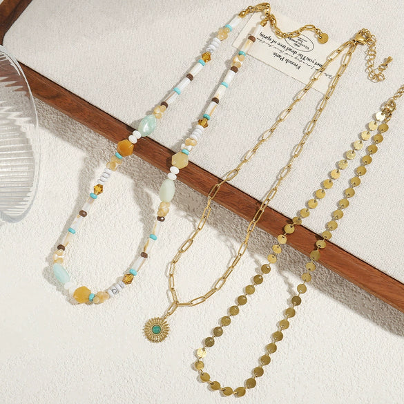 Wholesale Beaded Necklace Shell Blue Pine White Pine Titanium Steel Geometric Handmade Bohemian Style