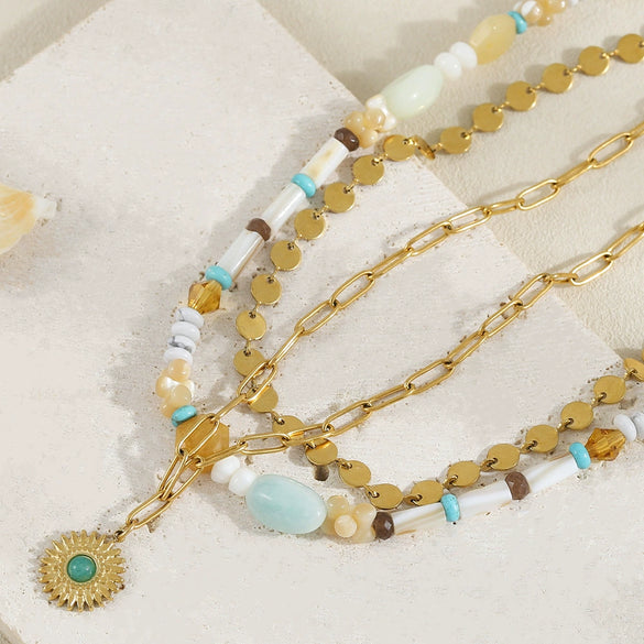 Wholesale Beaded Necklace Shell Blue Pine White Pine Titanium Steel Geometric Handmade Bohemian Style