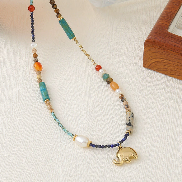 Wholesale Beaded Necklace With Elephant Pendant Czech Beads Lapis Lazuli Picture Stone Tiger's Eye Stone Natural Freshwater Pearls Copper Handmade Geometric Design For Women