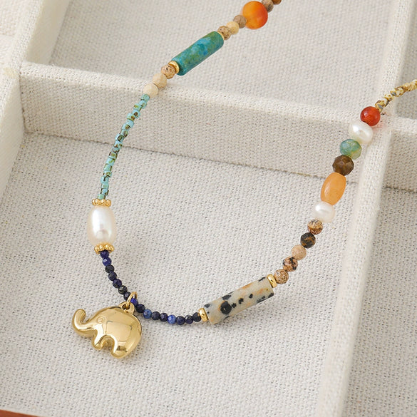 Wholesale Beaded Necklace With Elephant Pendant Czech Beads Lapis Lazuli Picture Stone Tiger's Eye Stone Natural Freshwater Pearls Copper Handmade Geometric Design For Women