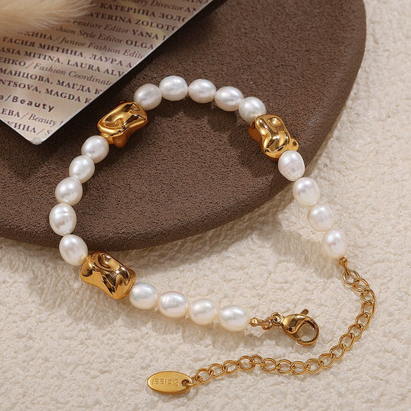 Wholesale Beaded Pearl 316L Stainless Steel Necklace And Bracelet Set For Women Sweet Style Electroplating Design