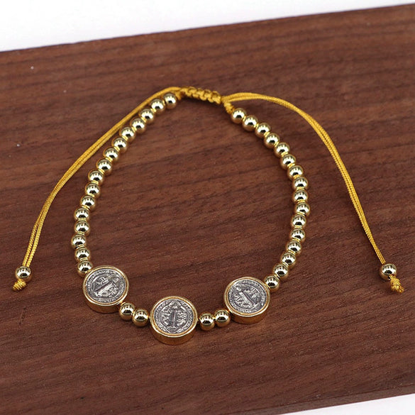 Wholesale Beaded Retro Religious Geometric Round Virgin Pearl Golden Snowflake Adjustable Bracelet Micropaved