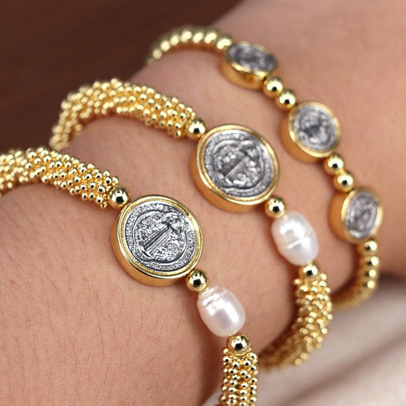 Wholesale Beaded Retro Religious Geometric Round Virgin Pearl Golden Snowflake Adjustable Bracelet Micropaved