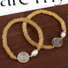 Wholesale Beaded Retro Religious Geometric Round Virgin Pearl Golden Snowflake Adjustable Bracelet Micropaved