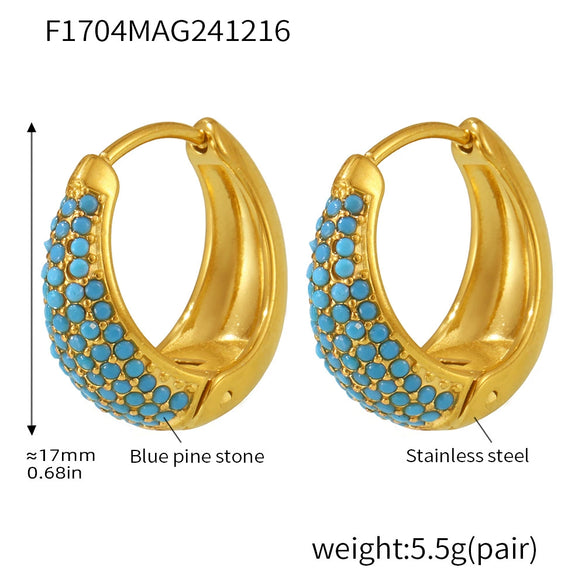 Wholesale Blue Turquoise Colorful Zircon Circle Stainless Steel 18K Gold Plated Geometric Women's Earrings