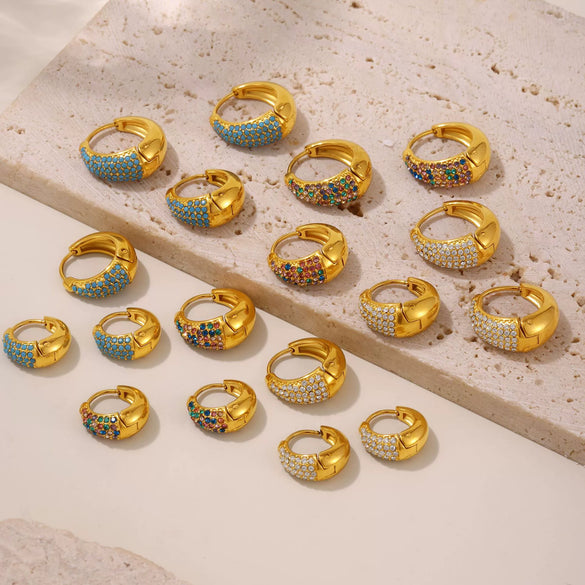 Wholesale Blue Turquoise Colorful Zircon Circle Stainless Steel 18K Gold Plated Geometric Women's Earrings