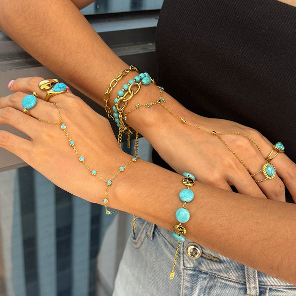 Wholesale Blue Turquoise Stainless Steel Geometric Hand Jewelry For Women Electroplated Design Minimalist Style