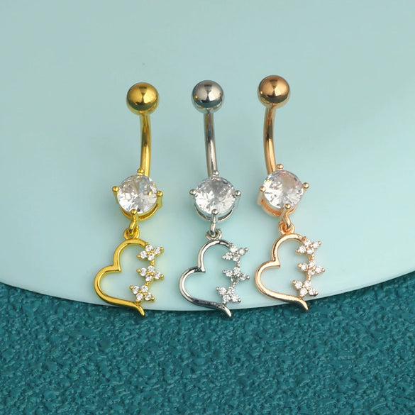 Wholesale Body Piercing Jewelry Stainless Steel Navel Ring Inlaid Zircon Heart Shape Electroplated Unisex