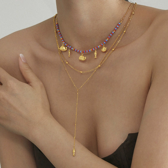 Wholesale Bohemian Dolphin Pendant Glaze Beaded Clavicle Chain For Women Stainless Steel Titanium Steel Geometric And Animal Pattern Electroplated
