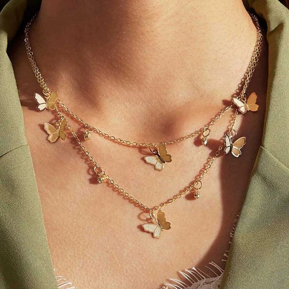 Wholesale Bohemian Fashion Alloy Butterfly Pendant Double Layer Necklace With Water Wave Chain And Geometric Pattern Electroplated