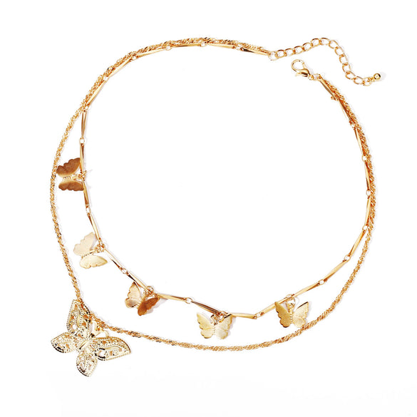 Wholesale Bohemian Fashion Alloy Butterfly Pendant Double Layer Necklace With Water Wave Chain And Geometric Pattern Electroplated