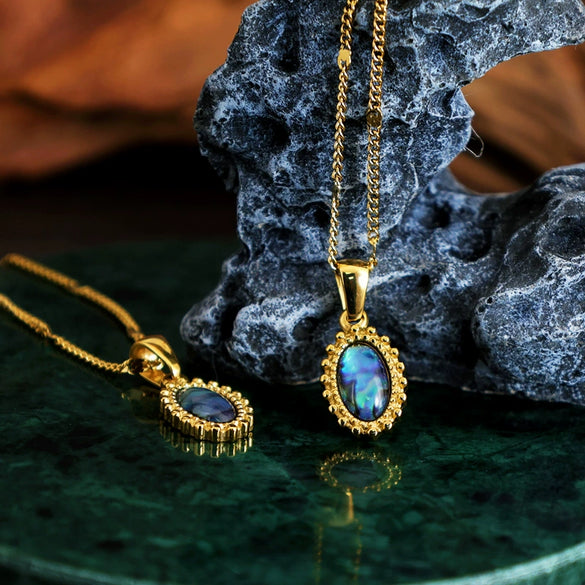 Wholesale Bohemian Retro Colorful Abalone Shell Natural Shell Titanium Steel Oval Geometric Inlay Pendant Necklace With 18K Gold Color Protection