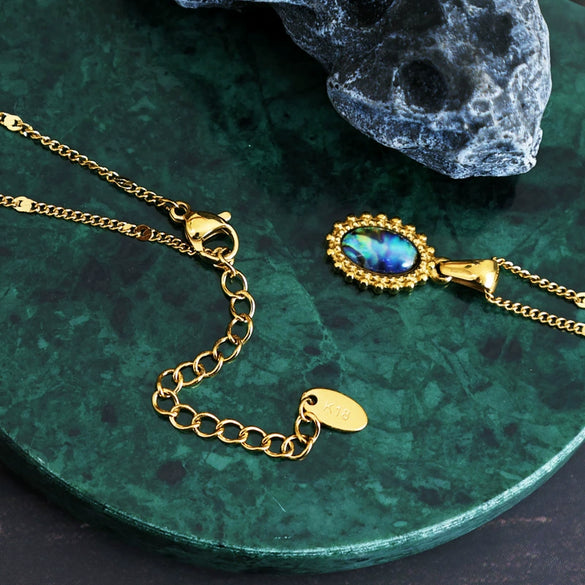 Wholesale Bohemian Retro Colorful Abalone Shell Natural Shell Titanium Steel Oval Geometric Inlay Pendant Necklace With 18K Gold Color Protection