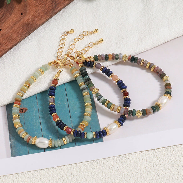 Wholesale Bohemian Retro Geometry Natural Stone Copper Freshwater Pearl Handmade Bracelet For Women