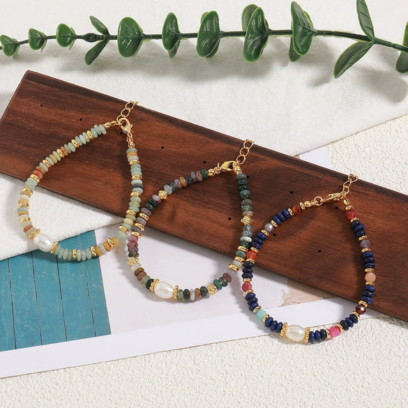 Wholesale Bohemian Retro Geometry Natural Stone Copper Freshwater Pearl Handmade Bracelet For Women
