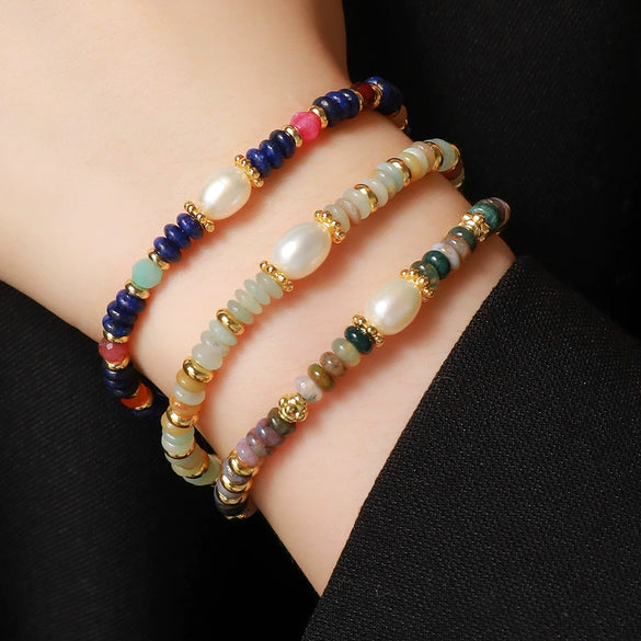 Wholesale Bohemian Retro Geometry Natural Stone Copper Freshwater Pearl Handmade Bracelet For Women