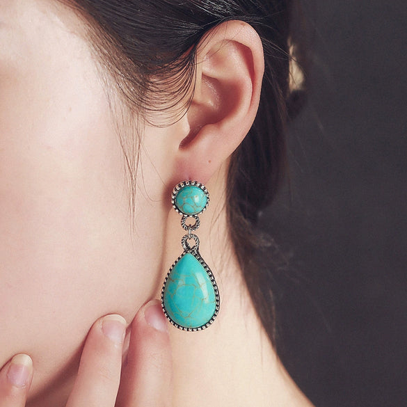 Wholesale Bohemian Style Exaggerated Drop Shaped Turquoise Earrings Alloy With Electroplating For Women