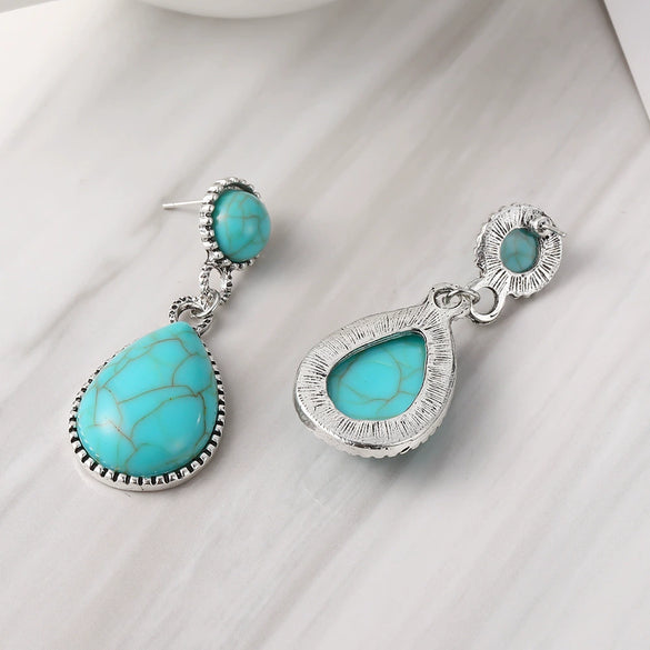 Wholesale Bohemian Style Exaggerated Drop Shaped Turquoise Earrings Alloy With Electroplating For Women