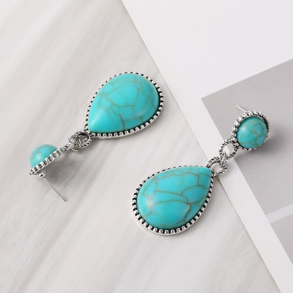 Wholesale Bohemian Style Exaggerated Drop Shaped Turquoise Earrings Alloy With Electroplating For Women