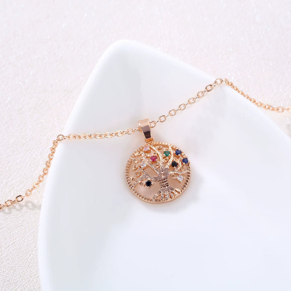 Wholesale Bohemian Style Gold Plated Copper Tree Of Life Pendant Necklace With Geometric Pattern And Zircon Inlay On Ochain