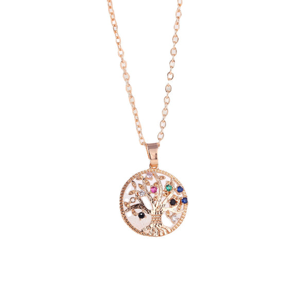Wholesale Bohemian Style Gold Plated Copper Tree Of Life Pendant Necklace With Geometric Pattern And Zircon Inlay On Ochain