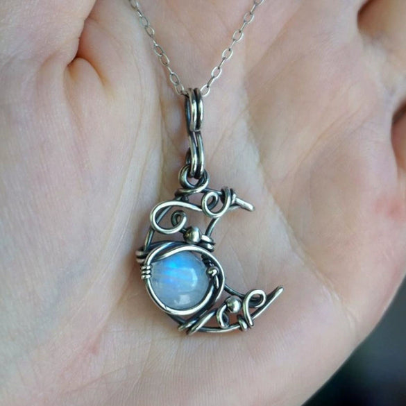 Wholesale Bohemian Style Moonstone Necklace With Winding Hollow Moon Pendant Alloy Material Geometric Pattern Electroplating Treatment