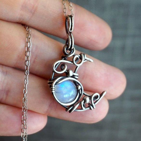 Wholesale Bohemian Style Moonstone Necklace With Winding Hollow Moon Pendant Alloy Material Geometric Pattern Electroplating Treatment