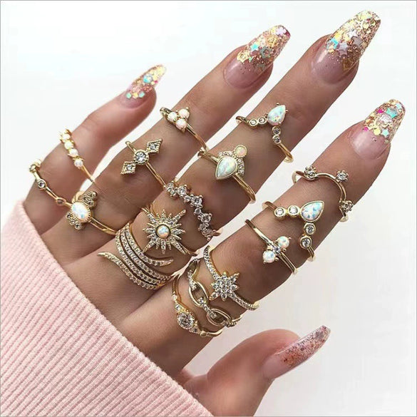 Wholesale Bohemian Style Ring Set With Diamond Inlay Alloy Geometric Leaves Electroplated Jewelry For Women