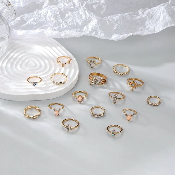 Wholesale Bohemian Style Ring Set With Diamond Inlay Alloy Geometric Leaves Electroplated Jewelry For Women