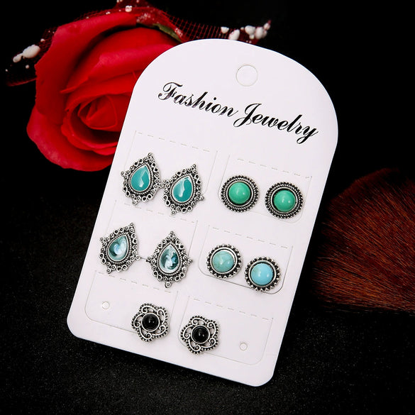Wholesale Bohemian Style Unisex Earrings In Alloy With Dazzling Turquoise Gemstones And Geometric Pattern Electroplated