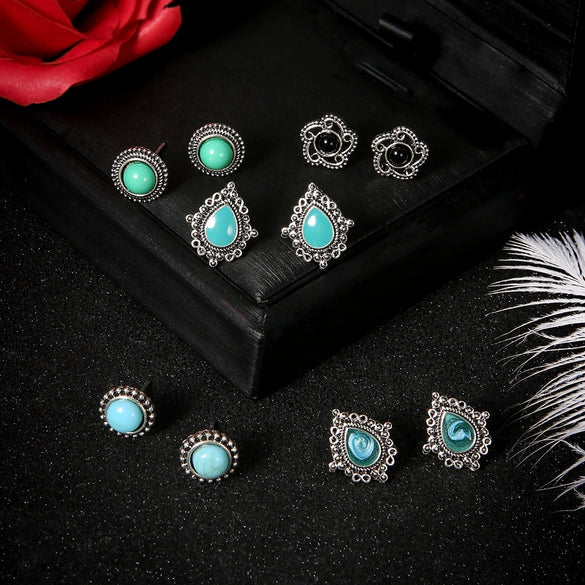 Wholesale Bohemian Style Unisex Earrings In Alloy With Dazzling Turquoise Gemstones And Geometric Pattern Electroplated