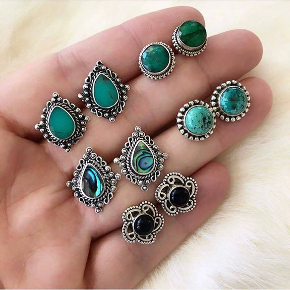 Wholesale Bohemian Style Unisex Earrings In Alloy With Dazzling Turquoise Gemstones And Geometric Pattern Electroplated