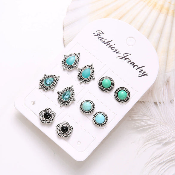 Wholesale Bohemian Style Unisex Earrings In Alloy With Dazzling Turquoise Gemstones And Geometric Pattern Electroplated
