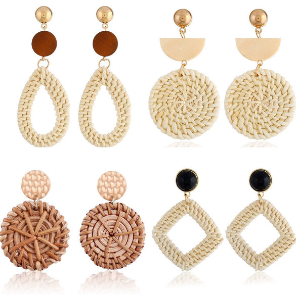 Wholesale Bohemian Wood Rattan Earrings Set With Geometric Pattern And Electroplating